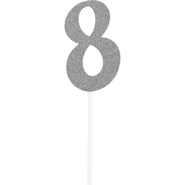 Creative Converting Number 8 Silver Glitter Cake Topper, 6"x2", 12PK 335048